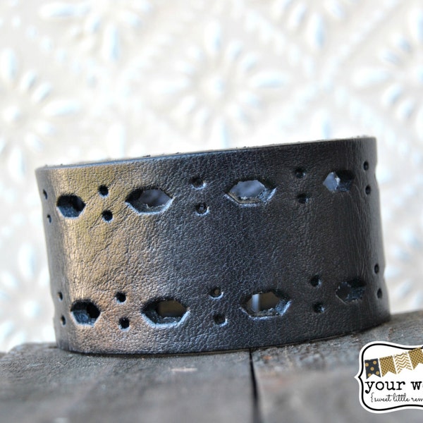 your words cuffs - Custom Leather Belt Cuff Bracelet - personalized with your words - black cut out design