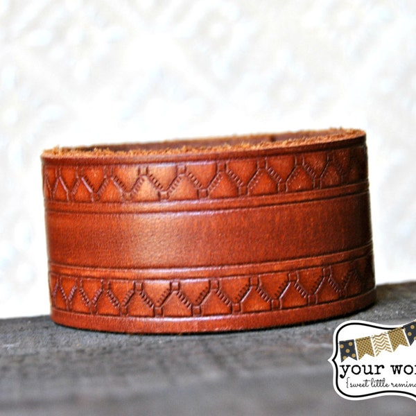 your words cuffs - Custom Leather Belt Cuff Bracelet - personalized with your words - reddish brown with embossed trim design