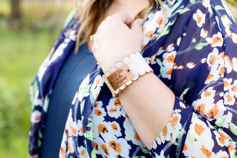Personalized Leather Bracelet Cuff Women \u2022 Custom Words Leather Cuff \u2022 Unique Leather Bracelet \u2022 Inspirational Gift \u2022 Brown Embroidered Cuff