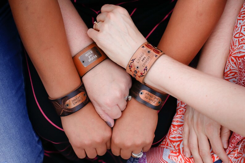 Personalized Leather Bracelet Cuff Women \u2022 Custom Words Leather Cuff \u2022 Unique Leather Bracelet \u2022 Inspirational Gift \u2022 Brown Embroidered Cuff