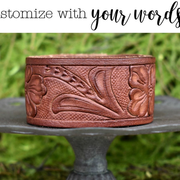 your words cuffs - custom hand stamped leather bracelet - personalized with your words - leather cuff - brown tooled design