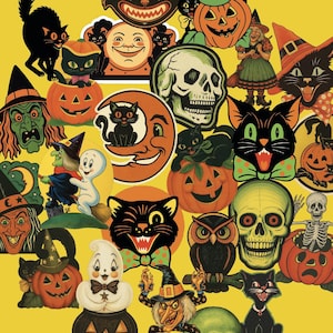 Vintage Halloween stickers clipart, schattige png, clipart voor plakboeken, tshirts, dagboek, digitale download, pompoenen, heksen, kat, schedels