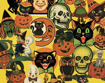 Vintage Halloween Stickers Clipart, Cute PNG, Clipart for Scrapbooks, Tshirts, Journal, Digital Download, Pumpkins, Witches, Cat, skulls