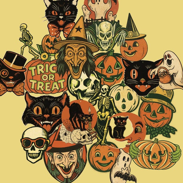 Vintage Halloween Stickers Clipart, Cute PNG, Clipart for Scrapbooks, Tshirts, Journal, Digital Download, Pumpkins, Witches, Cat, skulls