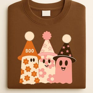 Retro Halloween Ghost PNG Design: Floral Witch Hat, Spooky 90s Style