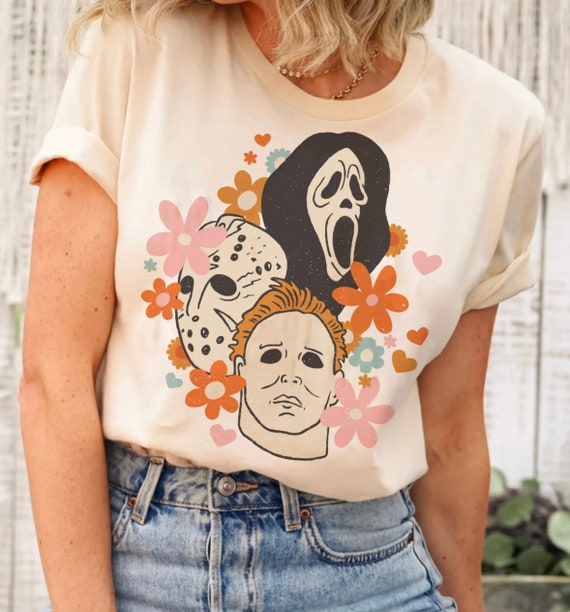Retro Vibes Floral Horror Movie Tee Shirt Halloween Tee Spooky Tee Unisex