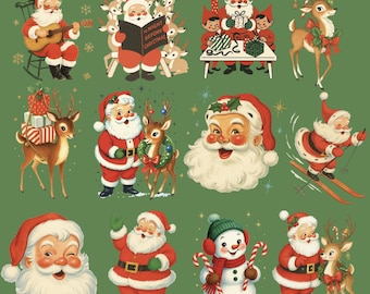 May include: A collection of vintage-style Christmas illustrations on a green background. Santa Claus is depicted in various scenes, including playing guitar, reading a book, and skiing. Reindeer and a snowman are also featured.