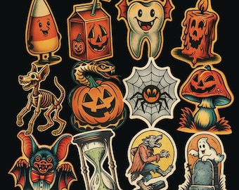 Vintage Halloween Stickers Clipart, Cute PNG, Clipart for Scrapbooks, Tshirts, Journal, Digital Download, Pumpkins, Classic Halloween