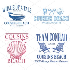 Op de afbeelding: Een verzameling van vier logo's in vintage stijl met een strandthema. Ontwerpen omvatten een walvis, een kreeft, een schelp en twee strandstoelen. Tekst omvat "Whale of a Tale Bookshop", "Cousins Beach Massachusetts" en "Team Conrad Est. 2025".