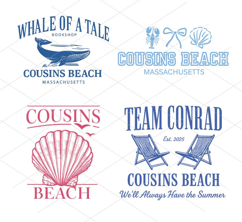 Op de afbeelding: Een verzameling van vier logo's in vintage stijl met een strandthema. Ontwerpen omvatten een walvis, een kreeft, een schelp en twee strandstoelen. Tekst omvat "Whale of a Tale Bookshop", "Cousins Beach Massachusetts" en "Team Conrad Est. 2025".