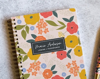 Personalized Password Notebook with Gold Spiral Binding | Password Manager | Login and Password Keeper Organizer | Passwords Book NB6328P