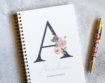 Address Book with Monogrammed Cover, Gold Spiral Notebook for Addresses, Business Contact List, Personalized Bridesmaid's Gift NB6331A