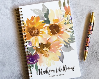 Address Book with a Watercolor Sunflower Personalized Cover, Spiral Notebook for Addresses, Guided Notebook, Functional Notebook NB6333A