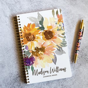 Address Book with a Watercolor Sunflower Personalized Cover, Spiral Notebook for Addresses, Guided Notebook, Functional Notebook NB6333A