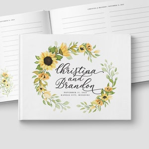 Sunflower Wedding Guest Book, Personalized Hardcover with Custom Full Color Interior Pages, Guest Sign In Book, Shower Guestbook GB002