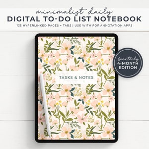 Digital To Do List Notebook with Hyperlinked Tabs and Pages for iPad or Tablet, Pastel Spring Floral Cover DN0007