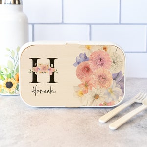 Personalized Bento Box, Monogrammed Floral Design on Bamboo Lid, Custom Lunchbox with Utensils, Mothers Day Gifts, Teacher Gifts BB7009