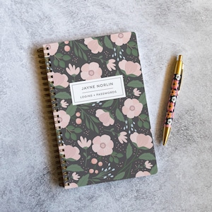 May include: A spiral-bound notebook with a dark gray cover featuring a pattern of light pink flowers and green leaves. A white rectangular label in the center displays the text JAYNE NORLIN LOGINS + PASSWORDS. A matching floral pen is included.