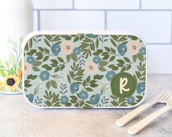 Bento Box for Adults with Utensils, Personalized Floral Design on Bamboo Lid, Custom Lunchbox, Mothers Day Gift, Teacher Gifts BB7005