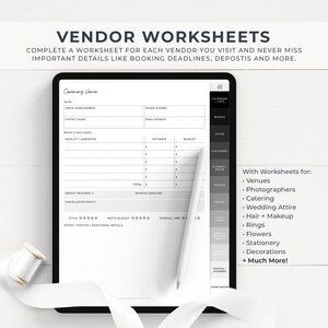 May include: A black and white printable wedding vendor worksheet with a checklist for ceremony venue details. The worksheet includes sections for date, venue name and address, contact name, phone number, email address, what's included, facility amenities, estimate, budget, deposit required, cancellation policy, total, booking deadline, style, meets budget, overall vibe, and notes, photos, and additional details. The worksheet also includes a section for calendars and lists, stationery, flowers and decor, photos, venues, food and drinks, gifts and party favors, and honeymoon.