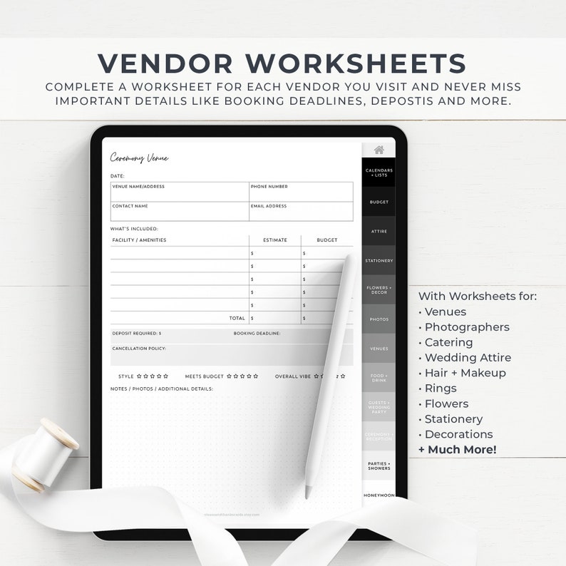 May include: A black and white printable wedding vendor worksheet with a checklist for ceremony venue details. The worksheet includes sections for date, venue name and address, contact name, phone number, email address, what's included, facility amenities, estimate, budget, deposit required, cancellation policy, total, booking deadline, style, meets budget, overall vibe, and notes, photos, and additional details. The worksheet also includes a section for calendars and lists, stationery, flowers and decor, photos, venues, food and drinks, gifts and party favors, and honeymoon.