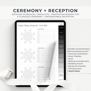 May include: A digital planner for wedding planning with a white background and black text. The planner includes sections for calendars, lists, budget, attire, stationery, flowers, decor, photos, venues, food and drink, guests, parties and showers, and honeymoon. The planner also includes a section for reception seating arrangements with three circle table layouts.