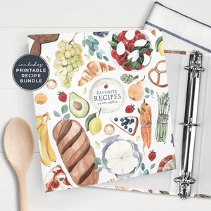 Recipe Binder with Watercolor Illustrations, Printable Recipe Binder Bundle, Personalized Recipe Organizer, Custom Recipe Book 6381