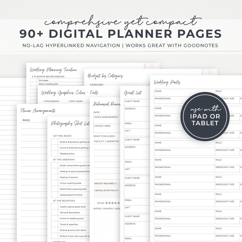May include: A digital wedding planner with pages for planning a wedding timeline, budget, guest list, photography shot list, and wedding party details. The planner is designed to be used with an iPad or tablet.