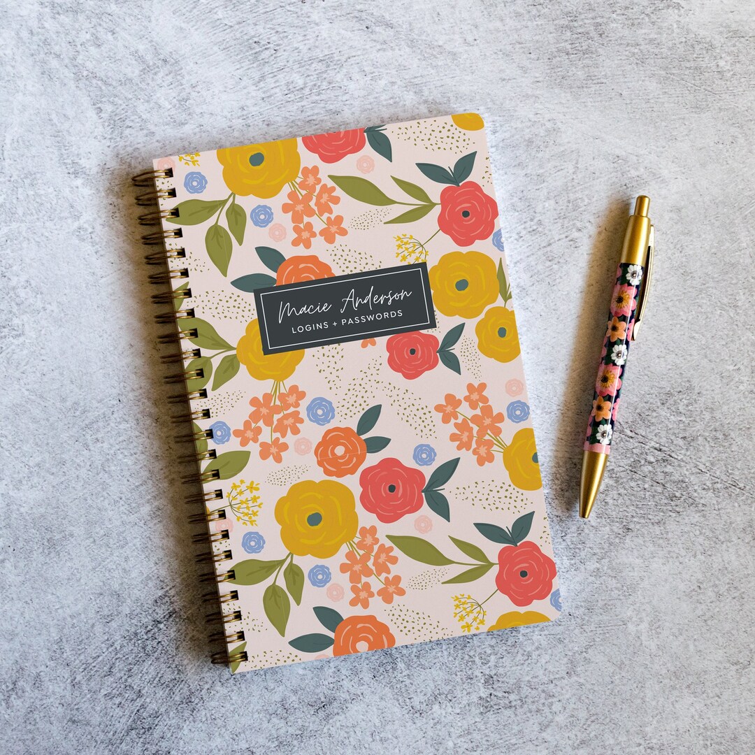Personalized Password Notebook With Gold Spiral Binding Password