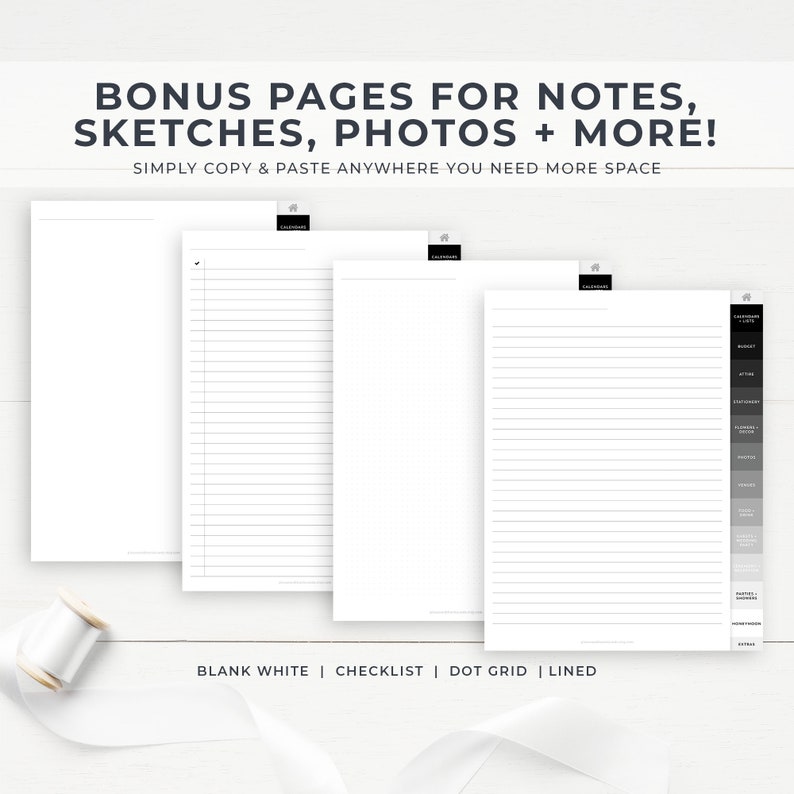 May include: Four printable pages for notes, sketches, photos, and more. The pages include blank white, checklist, dot grid, and lined options. The text "BONUS PAGES FOR NOTES, SKETCHES, PHOTOS + MORE! SIMPLY COPY & PASTE ANYWHERE YOU NEED MORE SPACE" is at the top of the image.