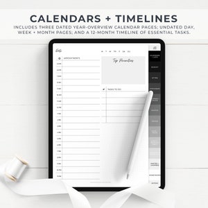 May include: A digital planner on a tablet screen with a white stylus. The planner has a daily schedule, a section for top priorities, and a checklist of tasks to do. The planner is designed for wedding planning and includes categories like budget, attire, stationery, flowers, decor, photos, venues, food, guest list, wedding party, parties and showers, honeymoon, and extras.