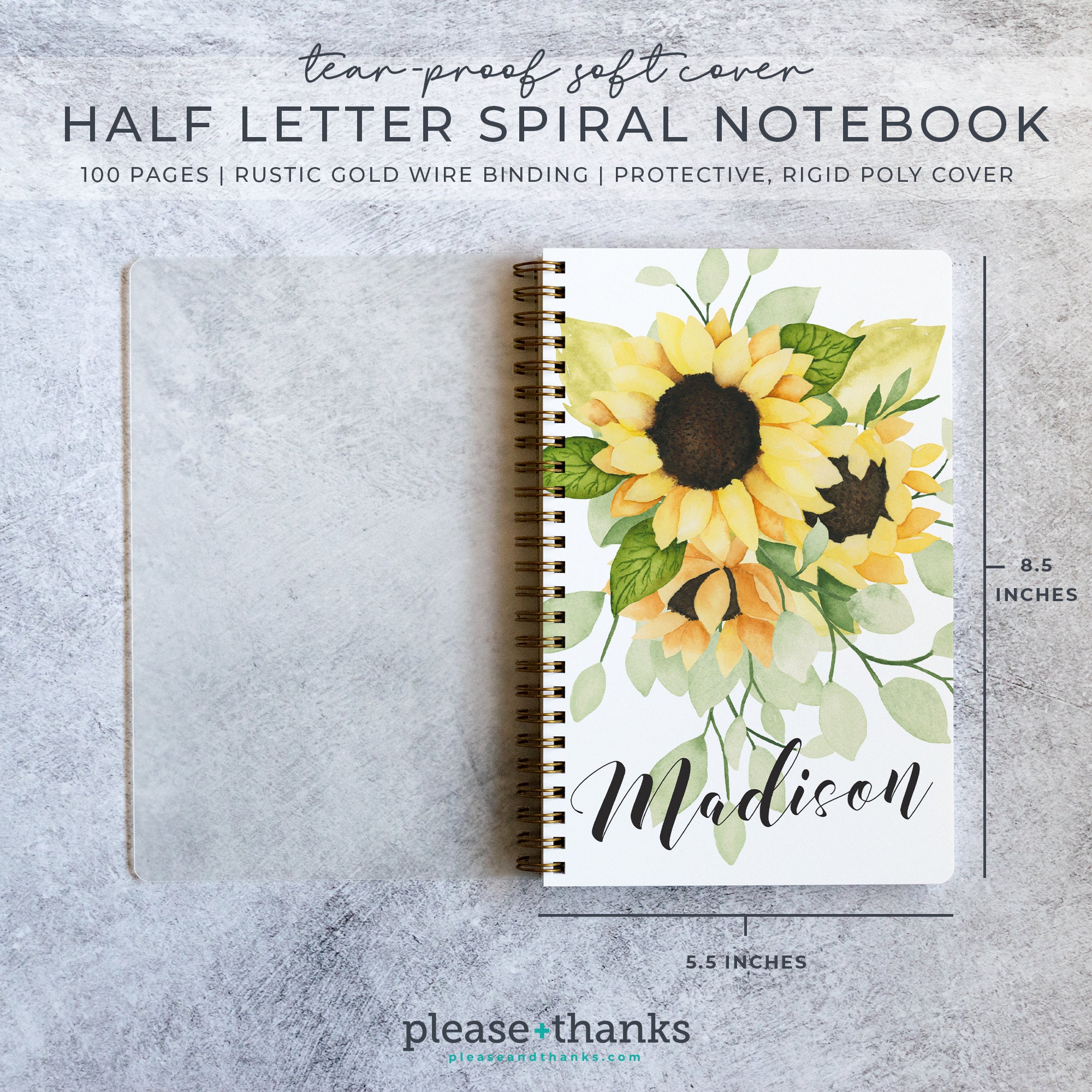 Sunflower Spiral Notebook Personalized 100 Pages Choice of | Etsy