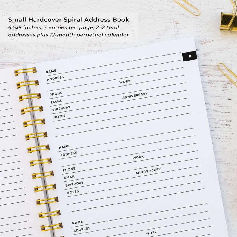 Minimalist Address Book with Personalized Cover and Gold Spiral Binding | 70 Color Options | Perpetual Calendar | Mother's Day Gifts NB6419