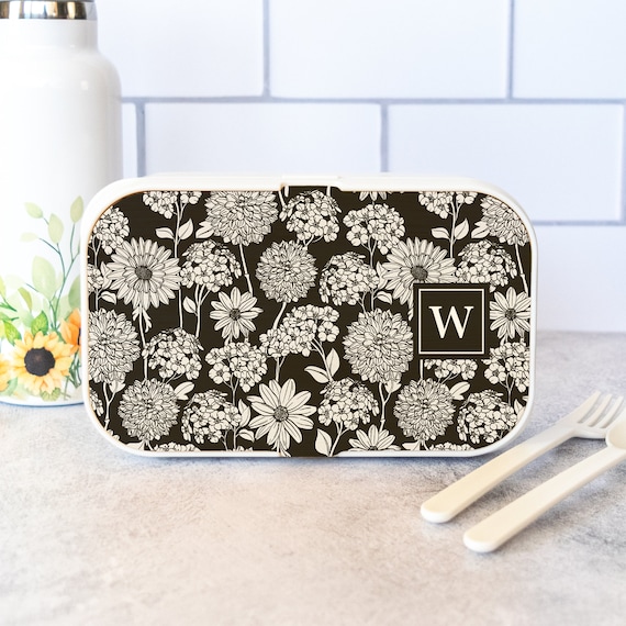 Monogrammed Bento Box With Utensils Modern Black & White 