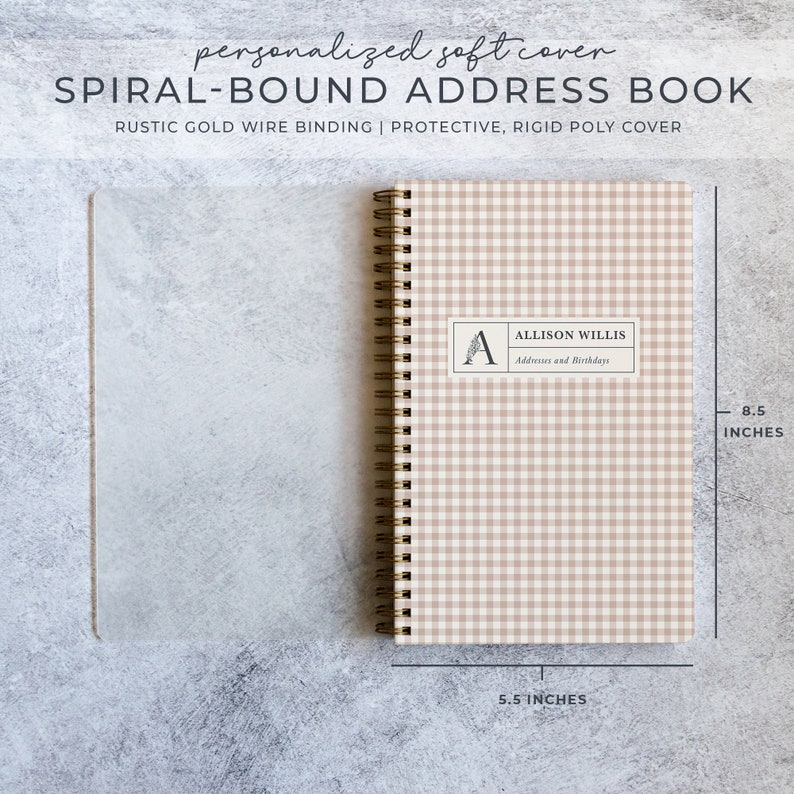 May include: A spiral-bound address book with a soft cover. The cover features a tan and white gingham pattern and the name "Allison Willis". The book has a rustic gold wire binding and measures 5.5 x 8.5 inches.