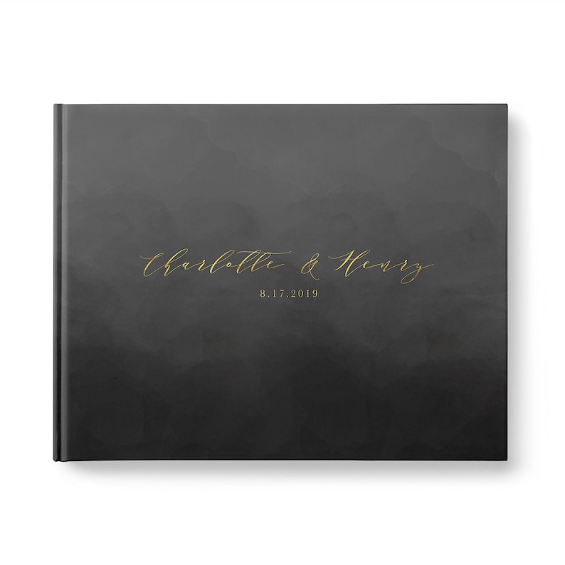 or Rose Gold Foil Elegant Custom Wedding Guest Book with Black Cover and Real Metallic Gold Silver Personalized Guest Book GB246