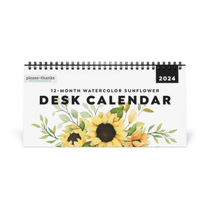 Sunflower Desk Calendar with Stand | Spiral-Bound Calendar | Minimalist Watercolor Design | Small Calendar | 12 Month 2024 Calendar | 1006