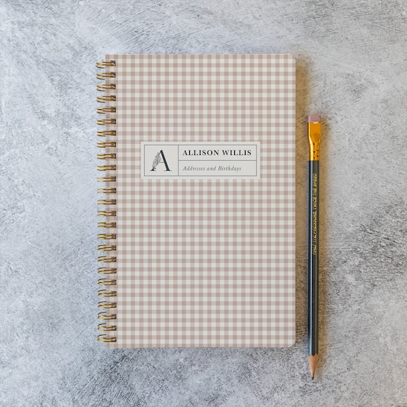 Personalized Address Book with Gingham Cover and Gold Spiral Binding | 6 Cover Color Options | Perpetual Calendar | Contacts Book NB6438
