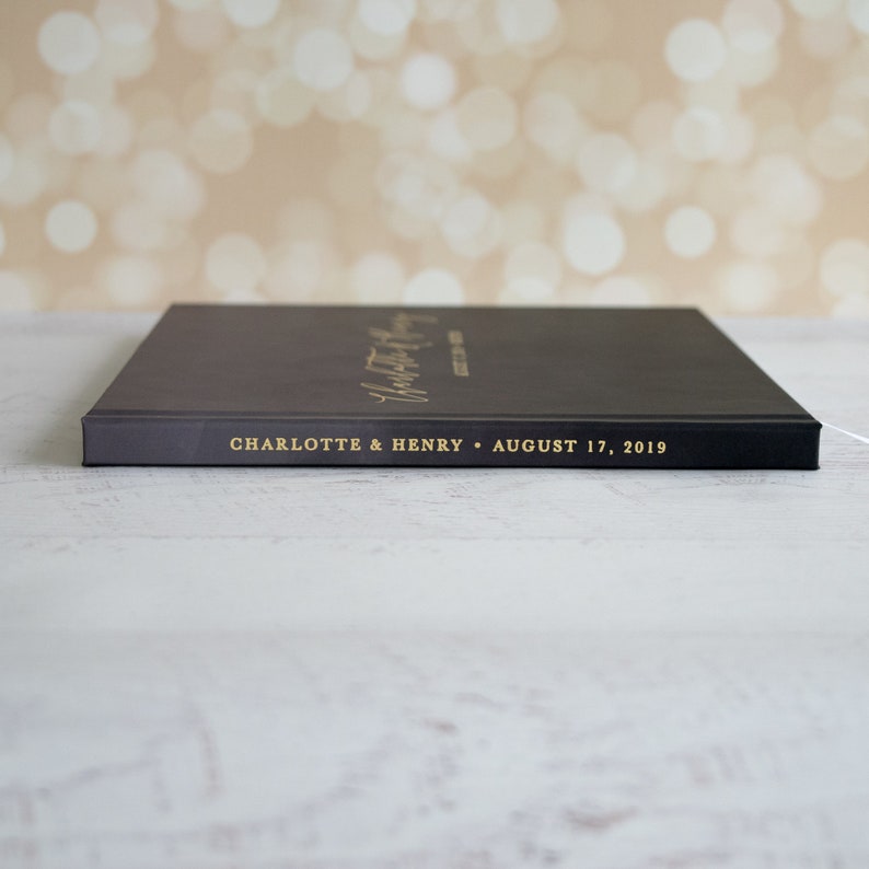 or Rose Gold Foil Elegant Custom Wedding Guest Book with Black Cover and Real Metallic Gold Silver Personalized Guest Book GB246