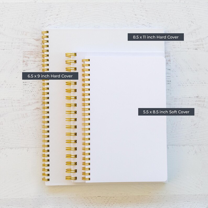 two spiral-bound notebooks with different hardcover sizes, one with a 6.5 x 9.1 inch hardcover and the other with a 5.5 x 8.5 inch softcover.