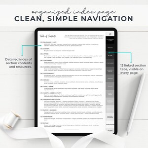 May include: A digital tablet displaying a table of contents for a wedding planning resource. The table of contents lists 13 sections, including calendars, budget, attire, stationery, flowers, decorations, photography, venues, food and drink, guests, ceremony, reception, parties, showers, honeymoon, and extras. The tablet is on a white surface with a white ribbon.