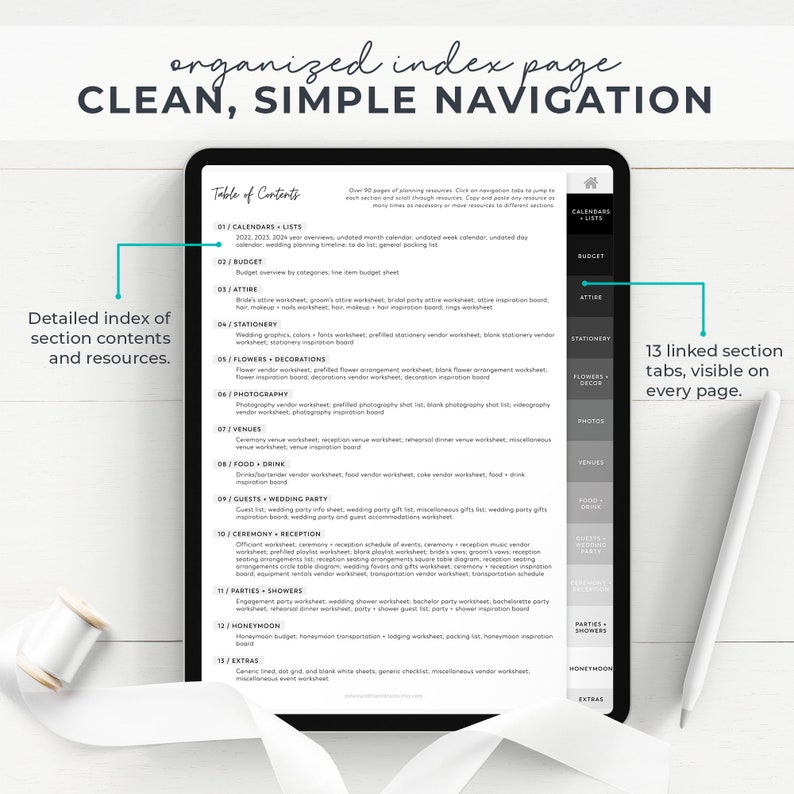 May include: A digital tablet displaying a table of contents for a wedding planning resource. The table of contents lists 13 sections, including calendars, budget, attire, stationery, flowers, decorations, photography, venues, food and drink, guests, ceremony, reception, parties, showers, honeymoon, and extras. The tablet is on a white surface with a white ribbon.