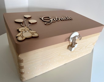 Box with teddy bear for baby, Wooden keepsake with name, personalised memory box, baby shower gift, Baptism gift for boy, girl nursery