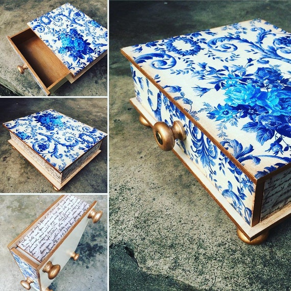 Artículos similares a Decoupage madera floral un cajón, organizador de