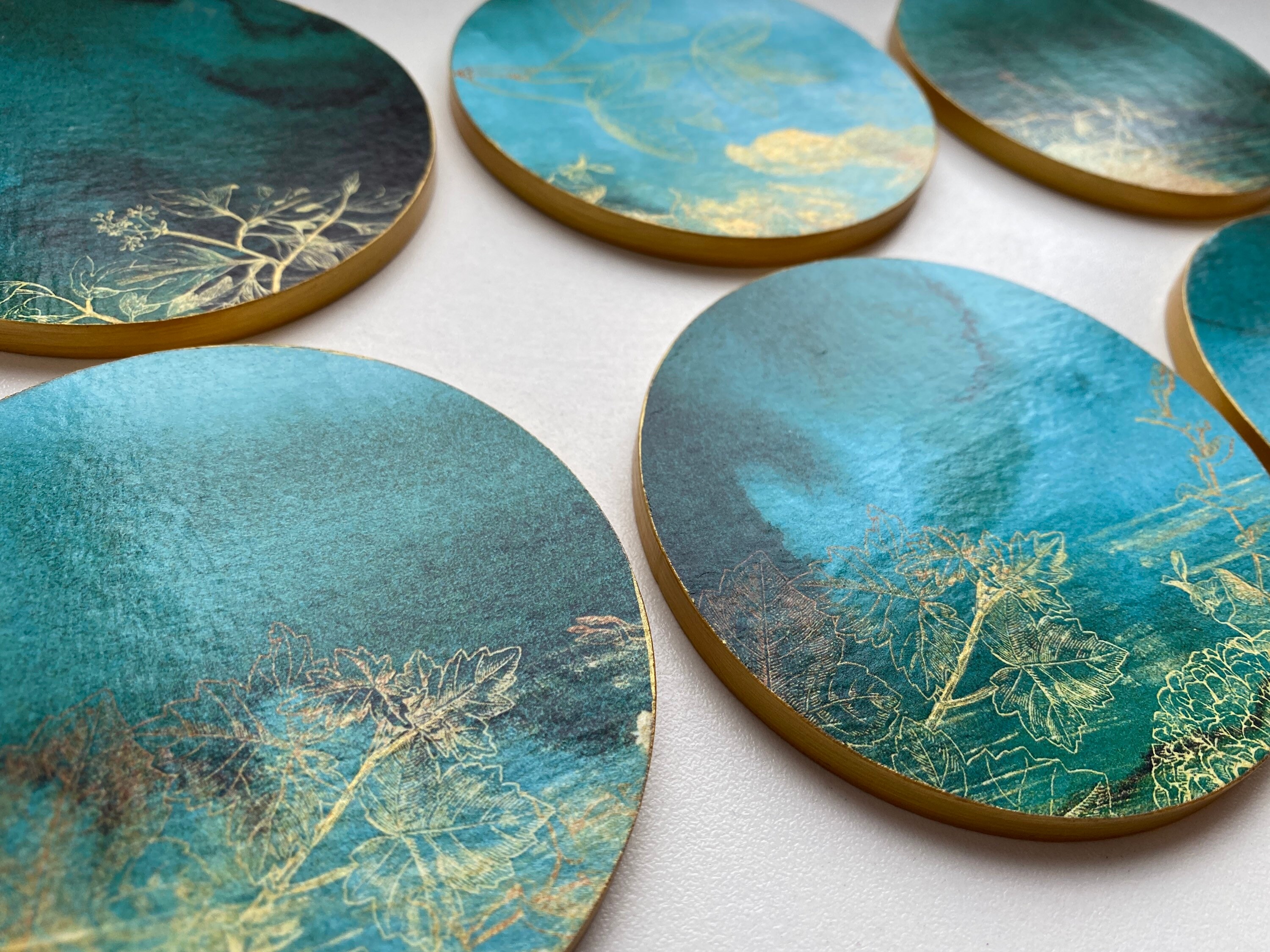 Wooden emerald green coasters watercolour metallic gold Etsy