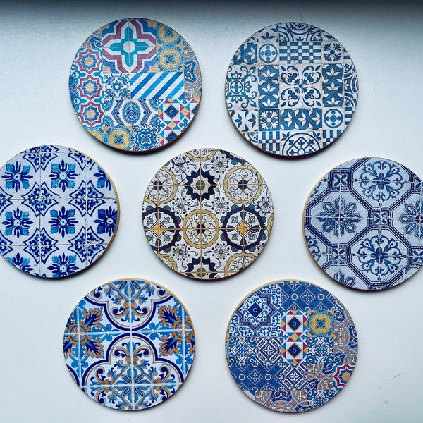 Set of 8 Lisbon Azulejos tile pattern wooden coaster, personalised Portuguese  decoupage coasters, Wedding favours, coaster with name