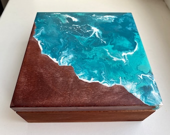 Sea hand painted box, seaside beach box, ocean wave wooden box, OOAK keepsake, storage box, jewellery box, wooden keepsake, photo storage