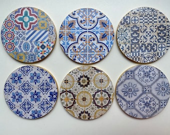 Set of 6 Lisbon Azulejos tile pattern wooden coaster, personalised Portuguese  decoupage coasters, Wedding favours, coaster with name