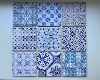 Set of 9 Lisbon Azulejos tile pattern wooden coaster, personalised Portuguese  decoupage coasters, Wedding favours, coaster with name