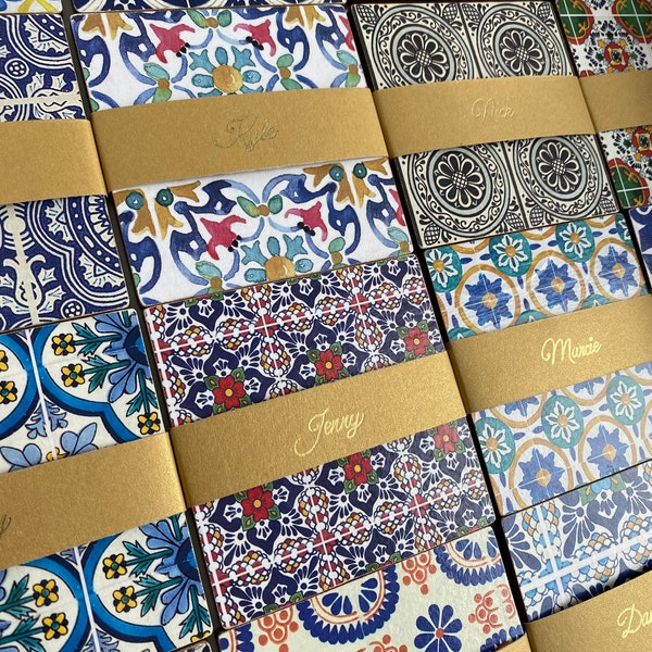 Tarjetas de lugar de boda mexicanas, posavasos de decoupage con patrón de mosaico de talavera mexicana personalizada, regalos de eventos para invitados con nombre, favor de boda